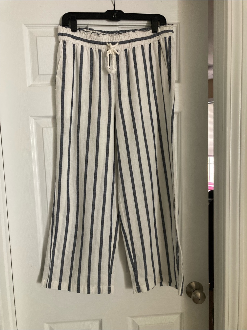 JCrew Factory striped paperbag drawcord wide leg pants in linen-cotton blend
